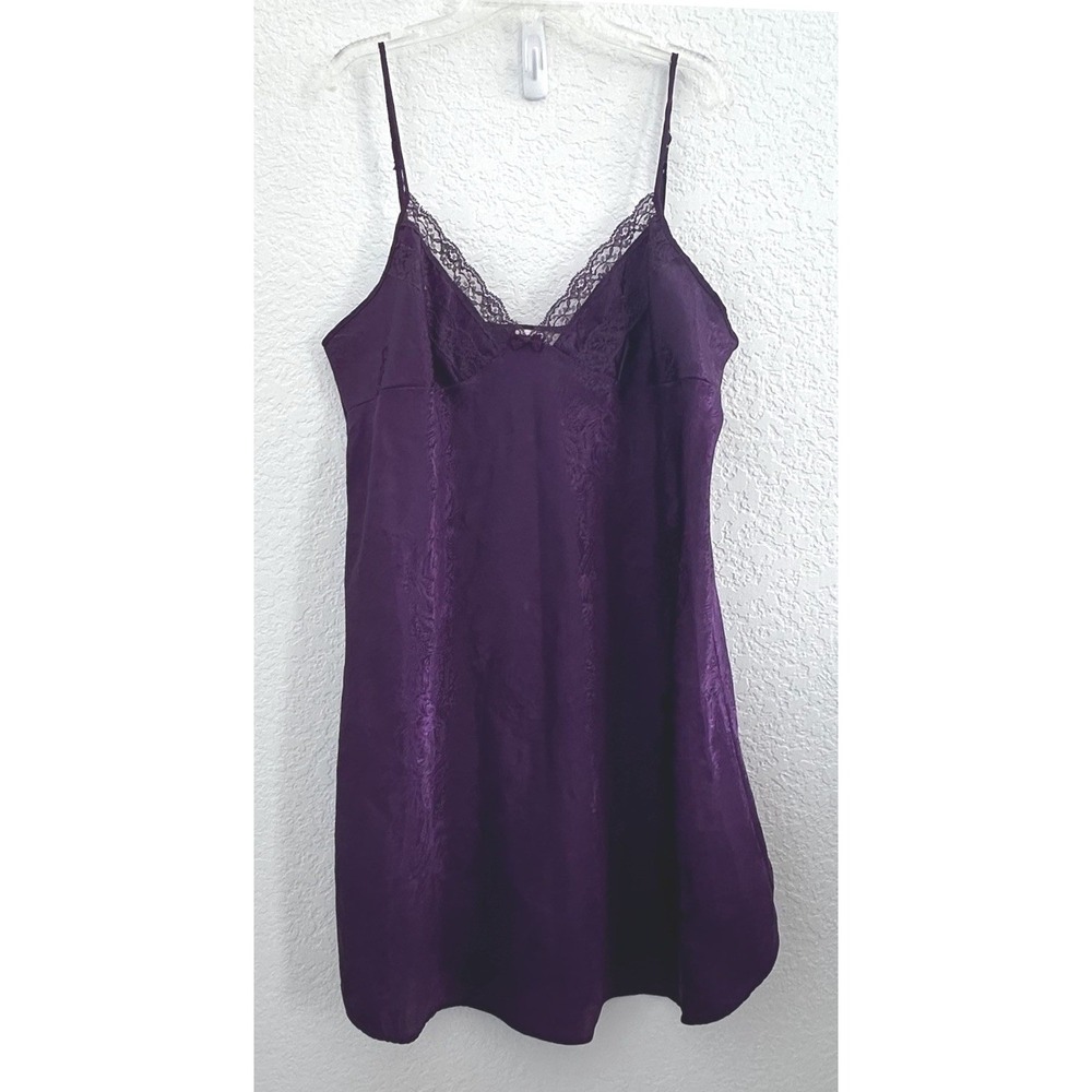 Vtg Y2K Adonna Satin Slip Babydoll Nightgown Dress L Glam Floral Royal Purple